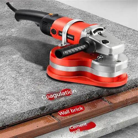 Built Tough Workhorse Three Head Concrete Grinder And Wall Sander With Six Variable Speeds Pro Grade Cement Planer on a wall brick surface.