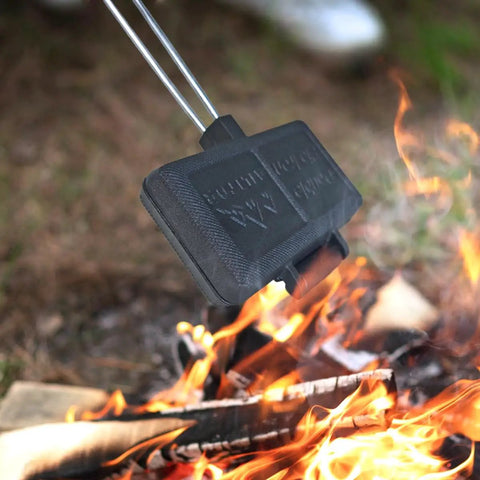Double Pie Iron Sandwich Maker For Camping with cast iron head over campfire