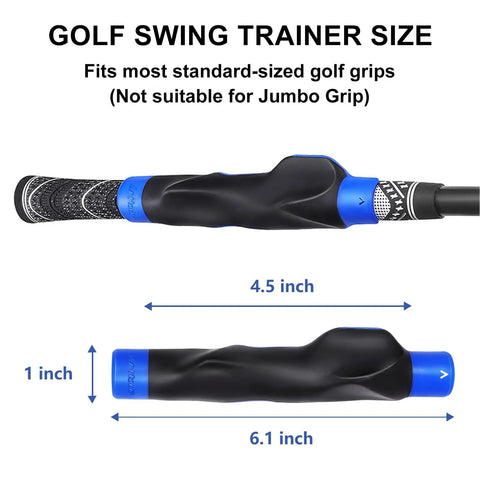 Grip Trainer For Right Hand Golfers Molded Training Aid size dimensions with black and blue grip showing measurement details