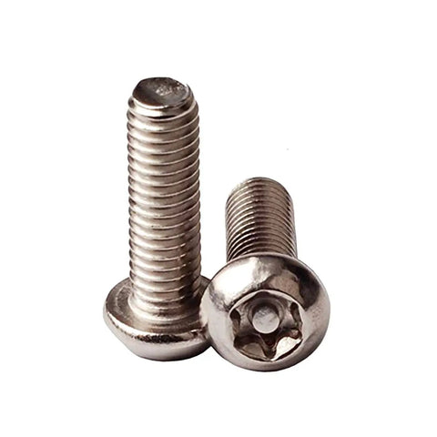 Close-up of two Tight Anti Theft License Plate Screws Keep Your Ride Locked Down Stainless Steel 1/4 Inch Bolts for cars.