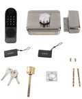 Rock Hard Aluminum Alloy Smart Deadbolt Featuring Rapid Fingerprint Reader Dual Key Cards App Management And Quick Password Code For No Sweat Security And Smooth Daily Operation components including keypad, deadbolt, keys, and installation parts.