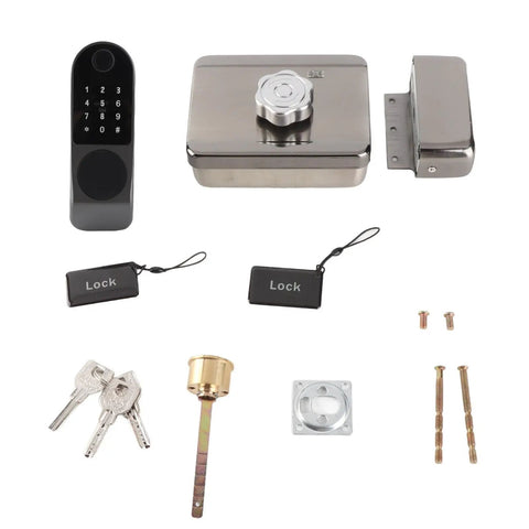 Rock Hard Aluminum Alloy Smart Deadbolt Featuring Rapid Fingerprint Reader Dual Key Cards App Management And Quick Password Code For No Sweat Security And Smooth Daily Operation components including keypad, deadbolt, keys, and installation parts.