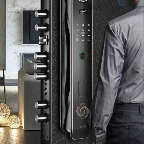 Heavy Duty Fingerprint Smart Door Lock With Waterproof Touchpad And Advanced Security Alarms For Front Entry, showcasing sleek design and biometric sensor.