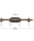 Phoenix 4-Light Vanity Light With Matte Black Finish And Dark Faux Wood Accents, 31-inch, open socket design, front view
