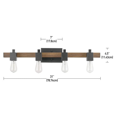 Phoenix 4-Light Vanity Light With Matte Black Finish And Dark Faux Wood Accents, 31-inch, open socket design, front view