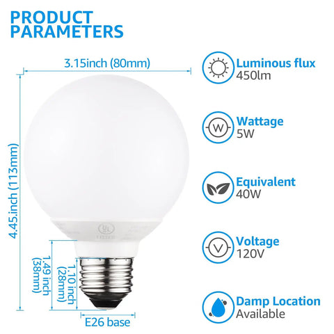 G25 LED Globe Light Bulbs 5W 40W Equivalent Dimmable 450 Lumens 5000K Daylight E26 Base UL Listed Pack of 6 dimensions