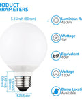 12 Pack G25 LED Vanity Bulbs 450 Lumens 5W Equal 40W Dimmable Globe Bulbs 5000K Daylight E26 Base For Bathroom Vanity Or Mirror UL Listed Easy Install shown with product parameters and close-up on bulb dimensions and specifications