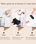 4 In One Compact Coffee Maker Offers No Sweat Hot And Cold Brewing showing step-by-step espresso preparation process.