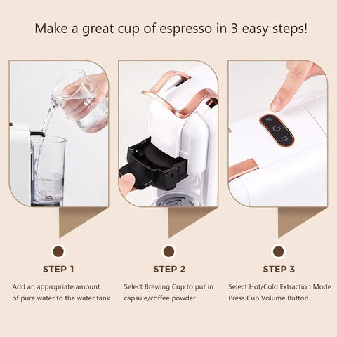 4 In One Compact Coffee Maker Offers No Sweat Hot And Cold Brewing showing step-by-step espresso preparation process.