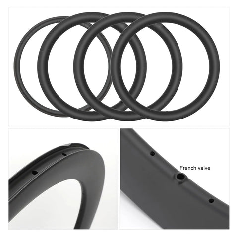 700C Carbon Wheelset For Road Bikes With V-Brake, 38mm Deep Rim, 25mm Inner Width, 24H Holes, T800 Carbon Fiber, Ride-Ready Aero Wheelset Black, FV Inner Tube Compatible showing rims and valve type.