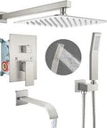 Brushed Nickel Shower System With 10 Inch Rainfall Shower Head And Handheld Spray Wall Mount Tub Spout Rough In Valve And 3 Function Mixer Faucet For A Sleek Modern Bathroom Upgrade