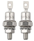 Two Beefed-Up Stud Mount Diode Rectifiers 1200V 85A 40A 25A with positive cathode or negative anode shown in silver finish