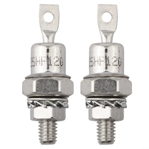 Two Beefed-Up Stud Mount Diode Rectifiers 1200V 85A 40A 25A with positive cathode or negative anode shown in silver finish