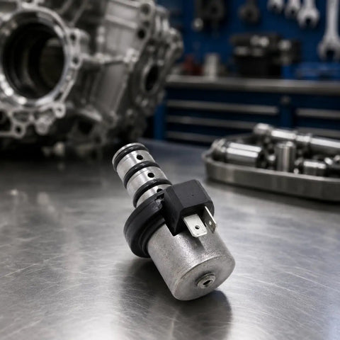 Premium Velocitrans Valve Body Solenoid MD758981 on a workbench, designed for Mitsubishi, Hyundai, Kia, and Dodge cars.