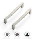 Ten Pack Six And A Quarter Inch Square Kitchen Cabinet Handles In Satin Nickel Finish with scratch resistance and anti-fingerprint features.