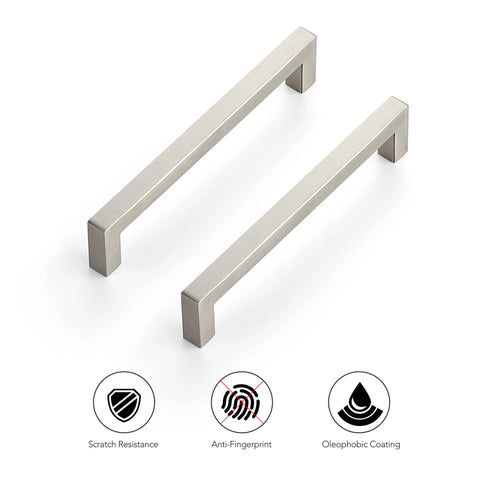 Ten Pack Six And A Quarter Inch Square Kitchen Cabinet Handles In Satin Nickel Finish with scratch resistance and anti-fingerprint features.