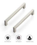 Two 6-1/4 inch square cabinet handles with oleophobic coating, part of 30 Pack 6-1/4 Inch Square Cabinet Handles In Brushed Nickel Stainless Steel Drawer Pulls For Kitchen Cabinets, 160mm Center To Center, Easy Replacement Hardware With Durable Finish.