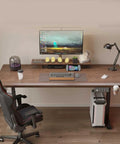 Straight Up Solid Wood Electric Standing Desk With Drawers, Adjustable Height Workbench For Home Office And Gaming Setup, Reliable Motorized Lift Table Built To Last with dual monitors and office setup.