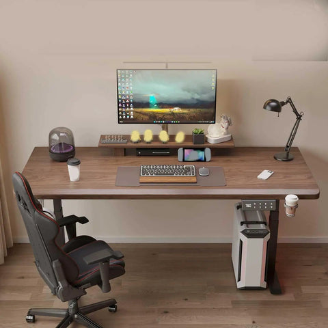 Straight Up Solid Wood Electric Standing Desk With Drawers, Adjustable Height Workbench For Home Office And Gaming Setup, Reliable Motorized Lift Table Built To Last with dual monitors and office setup.