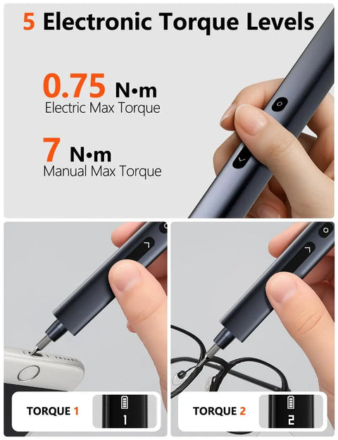 80-In-1 Mini Electric Precision Cordless Screwdriver showing torque levels for electronics repair