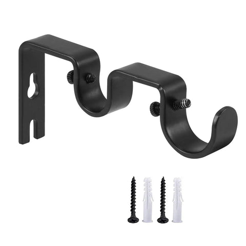 Heavy Duty Double Curtain Rod Brackets Set Of 2 In Black For 1 Inch And 5 Eighths Inch Rods, sturdy wall mount holders shown