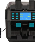 Heavy Duty Dual Pocket Money Counter Machine And Certified Fake Bill Detector With Smooth Multi Currency Sorting and Rapid Serial Scanning No Sweat Cash Sorter display and controls.