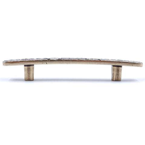 Side view of Bridged Drawer Cabinet Pulls Antique Brass With Antique Peony Solid Cast Pattern Six Pack Three Inch Hole Centers Handle