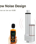 9.84 Inch Stroke Electric Linear Actuator With 220 Lb Load 12V DC low noise design with sound meter showing 42dB