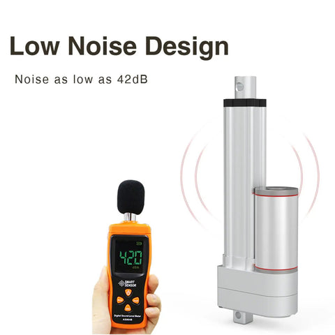9.84 Inch Stroke Electric Linear Actuator With 220 Lb Load 12V DC low noise design with sound meter showing 42dB