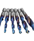Six-piece Mesee HSS tap drill bit set with blue-coated hex shanks, sizes M3–M10
