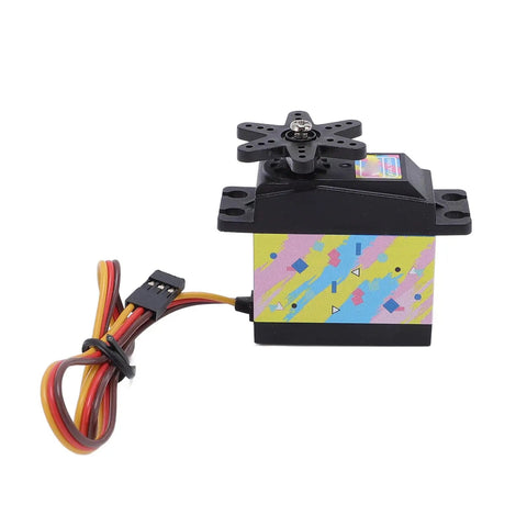 Heavy Duty 35KG Digital RC Servo Motor With Slick Metal Gear Steering positioned sideways with wires, designed for 1 10 and 1 12 scale vehicles.