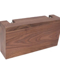 Premium Walnut Coffee Tamping Station With Adjustable Height Base And Stainless Steel Knock Box side view of solid wood construction