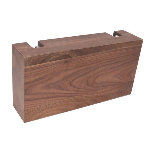 Premium Walnut Coffee Tamping Station With Adjustable Height Base And Stainless Steel Knock Box side view of solid wood construction