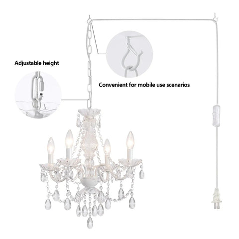 Plug In Crystal Ceramic White Chandelier With Clear Cord And Toggle Switch, Four Light Hanging Pendant Lamp Super Bright For Kitchen Dining Room Foyer Bedroom Instant Glow Up with adjustable height.