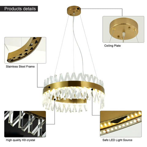 Gold Crystal Chandelier Modern Round Pendant Light With 3 Way Switch LED Crystal Lighting For Dining Room Kitchen Island Bedroom 23.6 Inch Diameter Ceiling Fixture showing stainless steel frame and K9 crystals