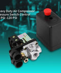 Air Compressor Pressure Switch With Red On Off Knob Durable Four Port Inlet Easy Install High Performance PSI Control For Home Shop Projects And DIY Reliable, 90-120 PSI, black casing, red knob visible.