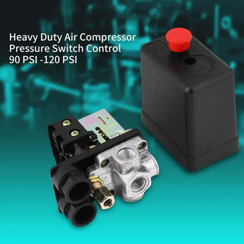 Air Compressor Pressure Switch With Red On Off Knob Durable Four Port Inlet Easy Install High Performance PSI Control For Home Shop Projects And DIY Reliable, 90-120 PSI, black casing, red knob visible.