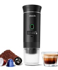 Portable Espresso Machine Featuring Self Heating System And 20 Bar Pressure Extraction For Road Trips Camping And Travel Adventures with coffee pods and coffee next to it.
