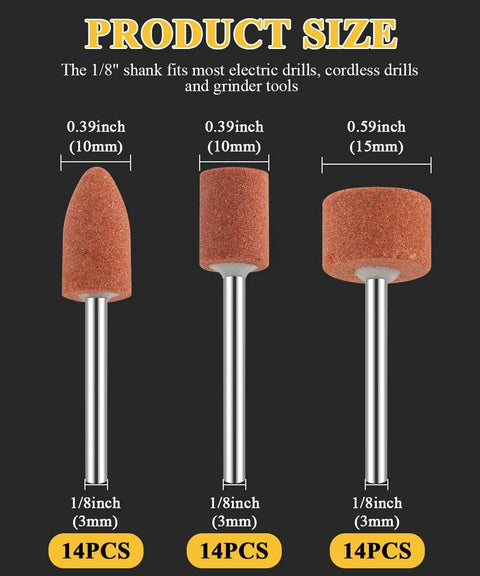 Sanding bits for Dremel rotary tool with 1/8 in shank; aluminum oxide abrasive, cone, cylinder and barrel shapes, 14pcs each (42pcs total).