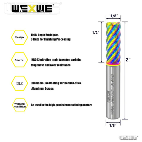 Must-Have Carbide End Mills Six Flute Square Milling Cutter With DLC Coating And High Helix Angle For Aluminum And Copper Finishing