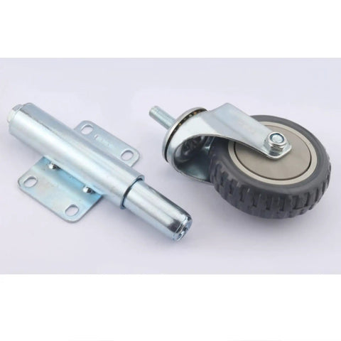 Built Tough 4 Inch Heavy Duty Sliding Door Caster Wheel With Integrated Shock Absorber And Secure Foot Brake, showing wheel and mount.