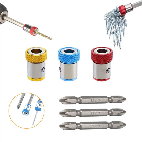 Three Piece Magnetic Screw Ring Clamp Set with screws and hex shanks, showing color-coded clamps and drill bits for DIY home repairs.