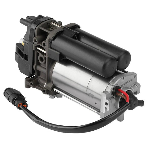 Bulletproof Heavy Duty Electric Air Suspension Compressor Compatible With Tesla Model S And X Sweet Ride Upgrade No Sweat Plug And Play Installation Guaranteed, side view showcasing black housing and metal body.