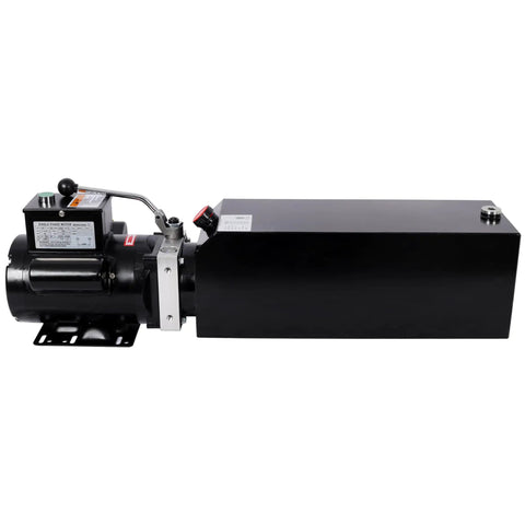 Heavy Duty Hydraulic Power Unit For Auto Lifts 220V Single Phase With 14 Quart Reservoir, black steel tank and motor.