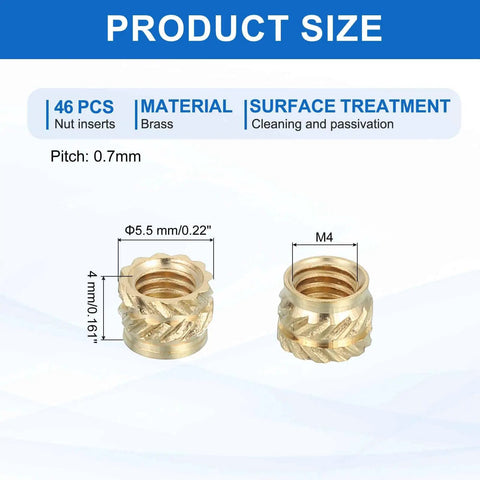 46 Pcs M4 Brass Heat Set Inserts For 3D Printing And Plastic, Female Knurled Threaded Inserts For Laptops And Electronics, M4x5.5x4Mm