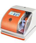 Rock Solid Digital Time Clock With Built In Date Stamper No Fuss Punch Recorder For Staff Time Cards Quickly Tracks Work Hours And Stamps Documents While Keeping The Daily Grind Moving showing grey and orange device with LCD display.