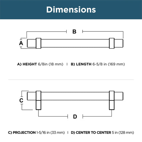 Dimensions of Matte Black Cabinet Handles 5-1/16 Inch Center to Center 128mm Drawer Pulls for Kitchen Cabinets Doors and Dressers