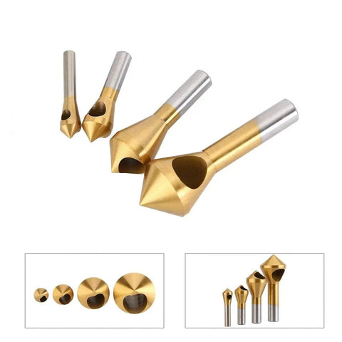 Titanium Coated Countersink Chamfer Tool Set For Metal Wood Plastic Deburring Drill Bits 4 Pcs HSS 4241 displayed in multiple views.
