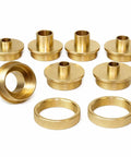 Kick Your Joinery Up A Notch With This Totally Rock Solid Brass Router Bushing Kit Featuring Durable Lock Nuts Crafted To Nail Dovetail Jigs And Knock Out Mortising Precise Cuts Daily - 7 brass router guide bushings and 2 lock nuts.