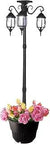 Three Head Solar Light Planter For Outdoors Tall 80 Inch Black Aluminum Post With Built In Planter and flowers